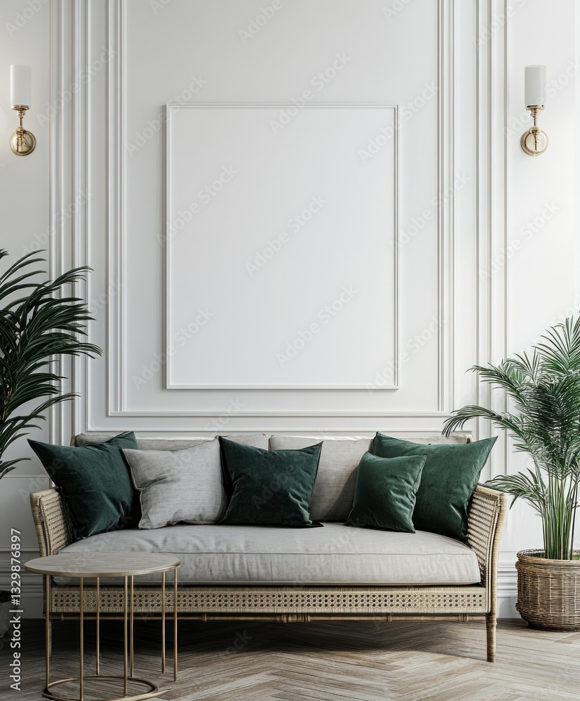 Naklejka premium Elegant living room mockup; sofa, frame, plants