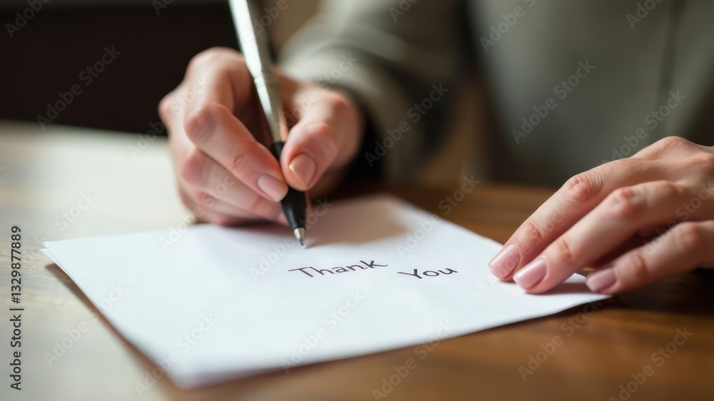 handwritten thank you on white paper with pen in hand on wooden table. gratitude and appreciation. closeup on hands of person with pen handwritten thank you on white paper with pen in hand on wooden table. gratitude and appreciation. closeup on hands of person with pen