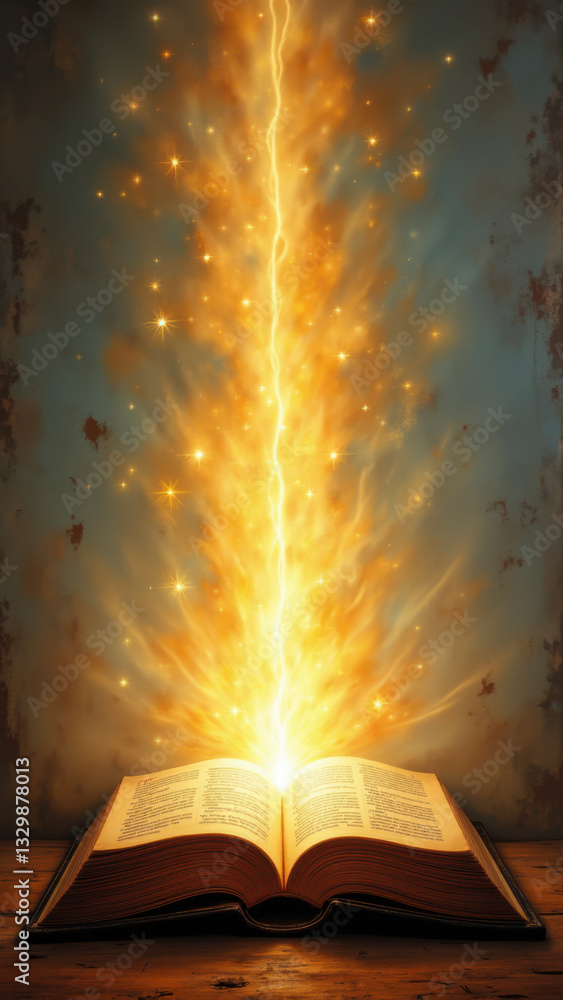 Illustration of an open book with flames emanating from it against a mystical background, representing knowledge or revelation. Illustration of an open book with flames emanating from it against a mystical background, representing knowledge or revelation.