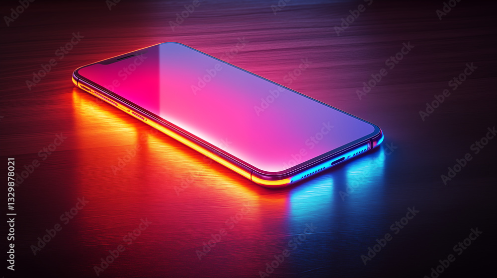 Smartphone emitting colorful neon glow on wooden surface with gradient screen display. Modern device with vibrant pink and blue illumination. Concept of digital technology and futuristic communication Smartphone emitting colorful neon glow on wooden surface with gradient screen display. Modern device with vibrant pink and blue illumination. Concept of digital technology and futuristic communication
