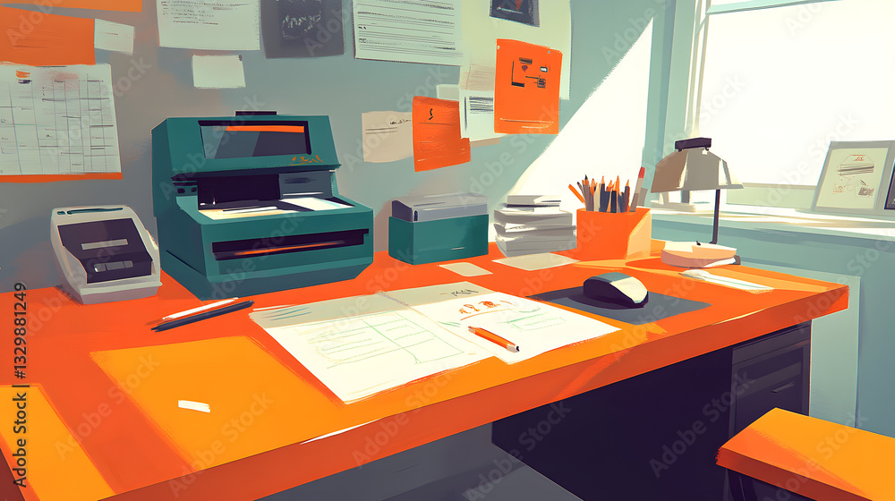 Naklejka premium A low-poly designed desk featuring a printer and computer creating a contemporary workspace aesthetic with modern artistic elements and style.
