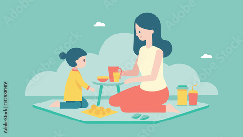 Joyful Mother's Day: A heartwarming flat-color illustration of a mother and child sharing a tender, playful outdoor moment. Perfect for greeting cards, social media, blogs, and    