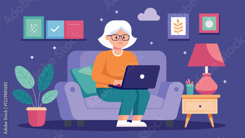 A senior woman works from the comfort of her own couch completing graphic design projects for clients as a freelance remote worker.. Vector illustration