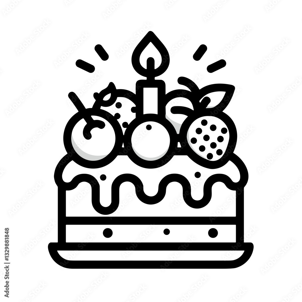 Festive birthday cake with fruits and candle in minimalist line art style Festive birthday cake with fruits and candle in minimalist line art style