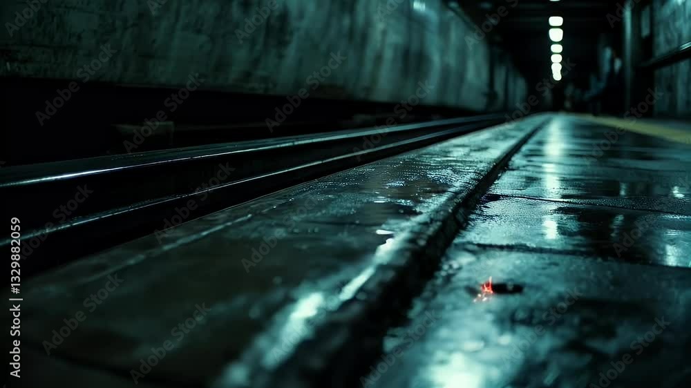 Dark, wet subway platform with glistening tracks and dim overhead lights in urban setting