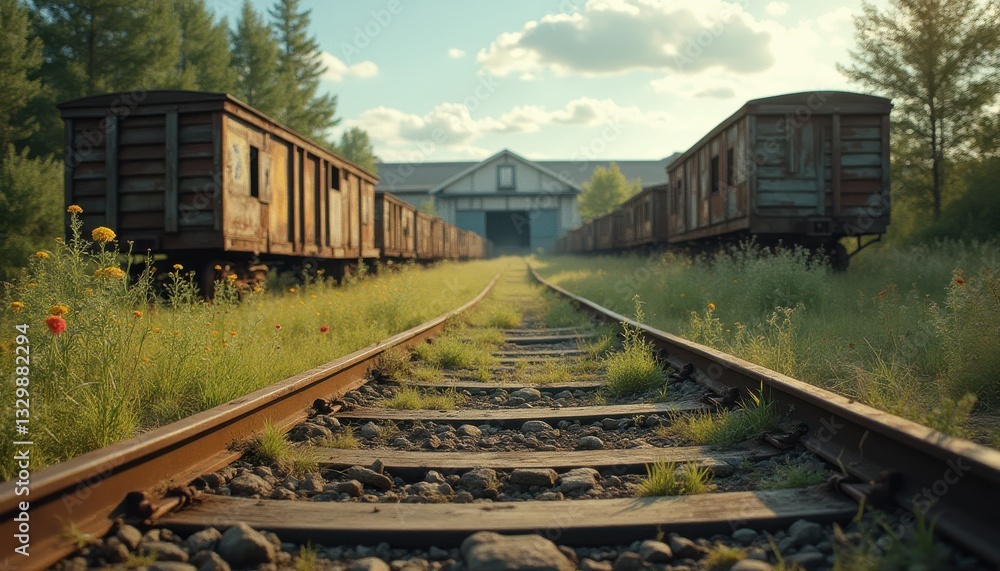 Obraz premium Abandoned railroad with weathered train cars leading to a vintage warehouse surrounded by wild grasses and summer sky