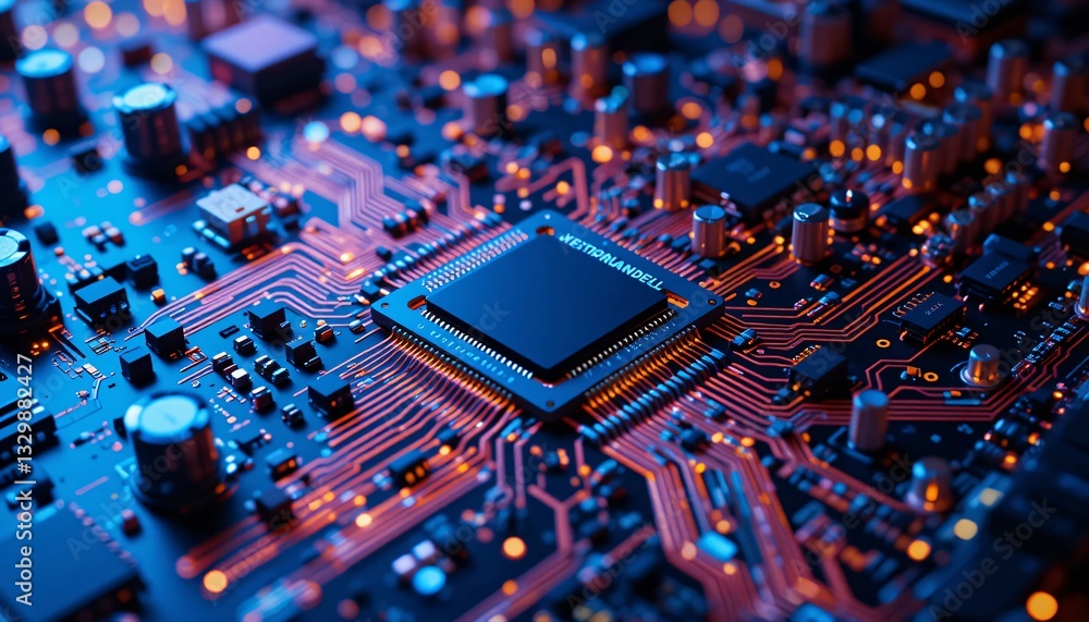 Futuristic AI Microchip on High-Tech Circuit Board Advanced Processor, Digital Technology, Artificial Intelligence, Computing Power Concept Futuristic AI Microchip on High-Tech Circuit Board Advanced Processor, Digital Technology, Artificial Intelligence, Computing Power Concept