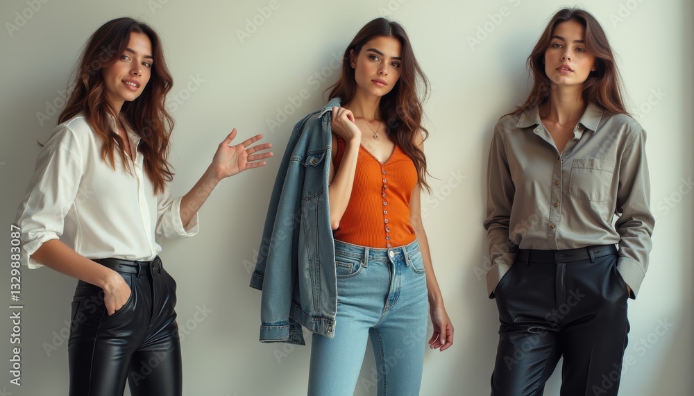 Obraz premium Three stylish women in studio wearing fashionable casual outfits standing against a neutral wall showcasing different styles.