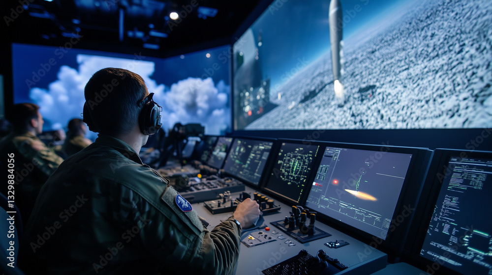 A modern defense technology exhibition featuring a section dedicated to anti-missile defense systems, with radar arrays, launch interceptors, and live simulations of missile interc A modern defense technology exhibition featuring a section dedicated to anti-missile defense systems, with radar arrays, launch interceptors, and live simulations of missile interc