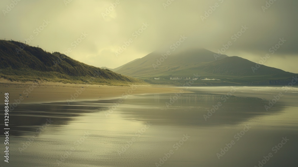 Serene Coastal Landscape Sandy Beach Rolling Dunes Misty Mountain Serene Coastal Landscape Sandy Beach Rolling Dunes Misty Mountain