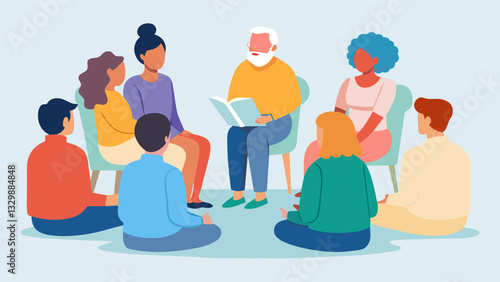 A licensed the leads a group discussion on coping with loneliness and isolation offering helpful strategies and encouraging the seniors to connect with one another.. Vector illustration