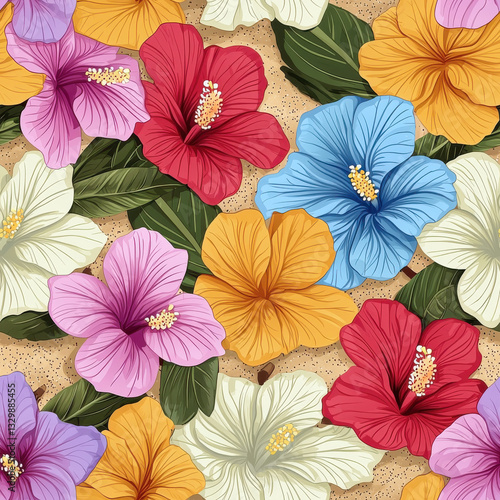 Wallpaper Mural Summer seamless pattern Vibrant tropical hibiscus flowers with green leaves on sandy background Torontodigital.ca
