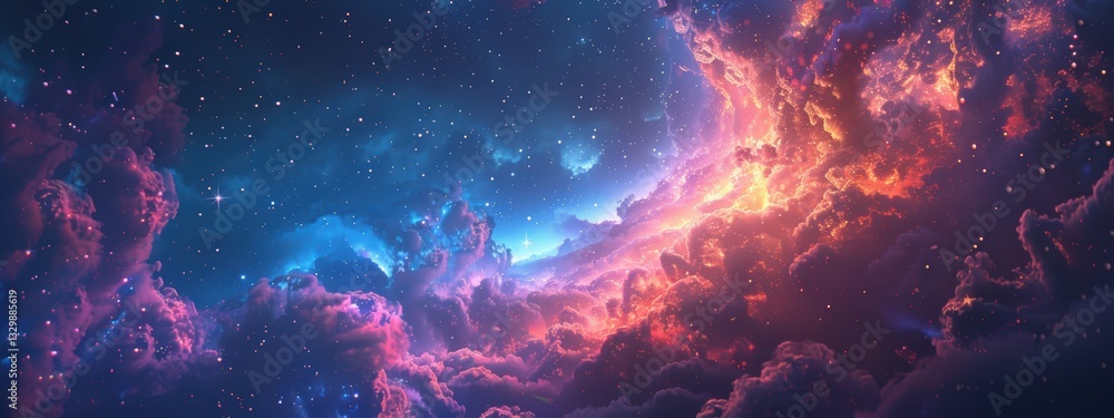 Colorful space scene with a large cloud of pink and orange Colorful space scene with a large cloud of pink and orange