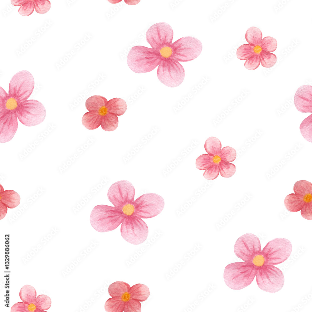 Watercolor illustration of the first flowers. Pink, red flowers. Seamless pattern on a white background.