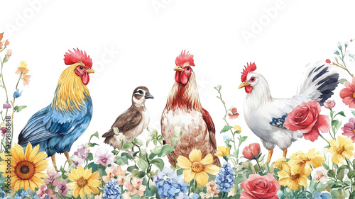 Colorful Chickens and Roosters, Vibrant Flowers, Watercolor Style, Seamless Border Pattern, Botanical Illustration, Farm Animals, Sunflowers, Poppies, Wildflowers, Rustic Countryside, Whimsical, Detai
