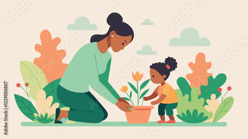 Joyful Mother's Day: A heartwarming flat-color illustration of a mother and child bonding over gardening, showcasing their shared love for nature and springtime planting           