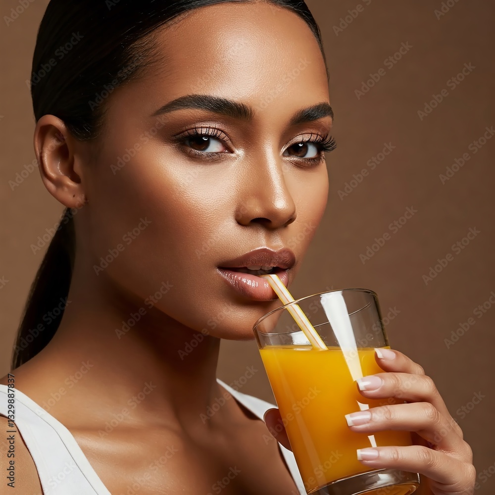 A high-end, 1:1 format photorealistic close-up of a fashion model sipping orange juice through a plastic straw. Perfect for advertising, social media, UI/UX, and luxury brand marketing. A high-end, 1:1 format photorealistic close-up of a fashion model sipping orange juice through a plastic straw. Perfect for advertising, social media, UI/UX, and luxury brand marketing.