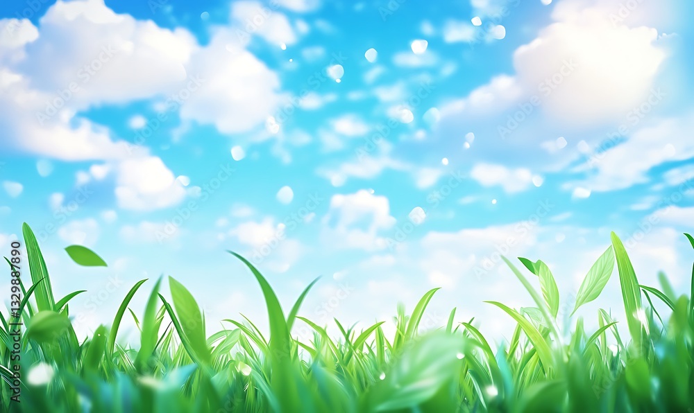 Fototapeta premium A landscape of grass and blue sky, watercolor painting