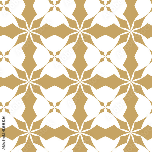 Abstract geometric pattern with crosses, stripes, lines. Seamless vector background. White and gold ornament. Modern reticulated graphic design.