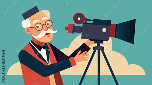 A lone senior filmmaker stands behind the camera determined to use their skills to shed light on a littleknown aspect of history.. Vector illustration