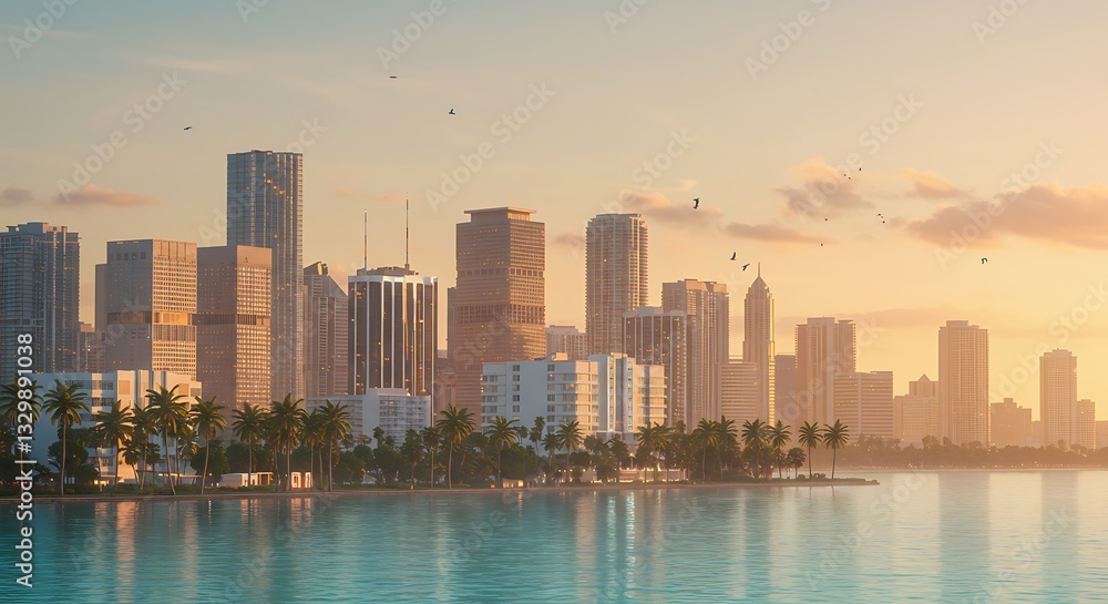 Fototapeta premium Miami Skyline at Sunset: A Breathtaking Coastal Metropolis