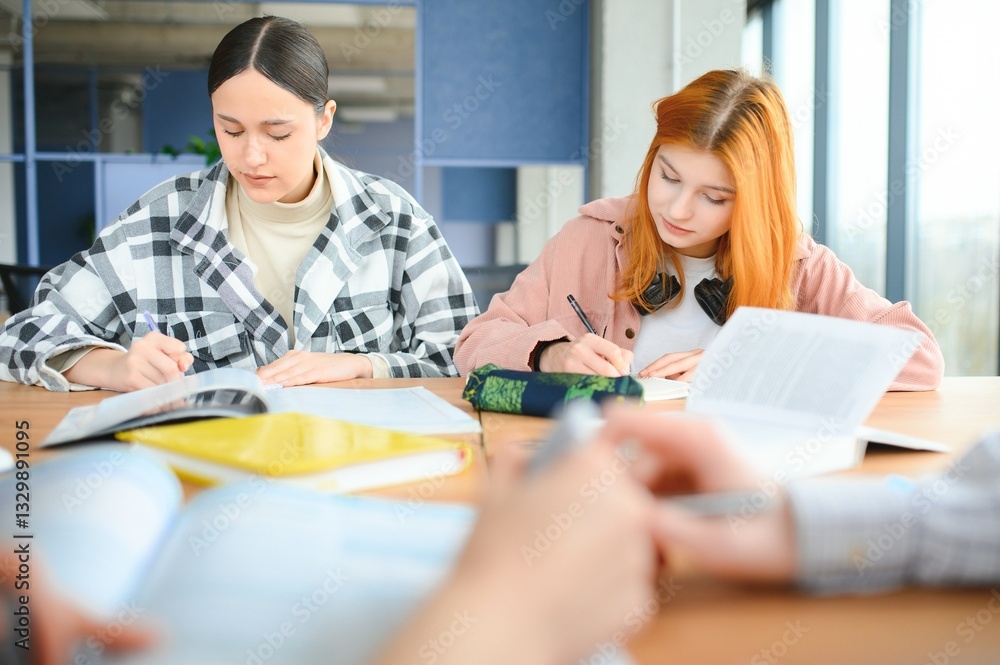 students sit at shared desk making notes studying together at university students sit at shared desk making notes studying together at university