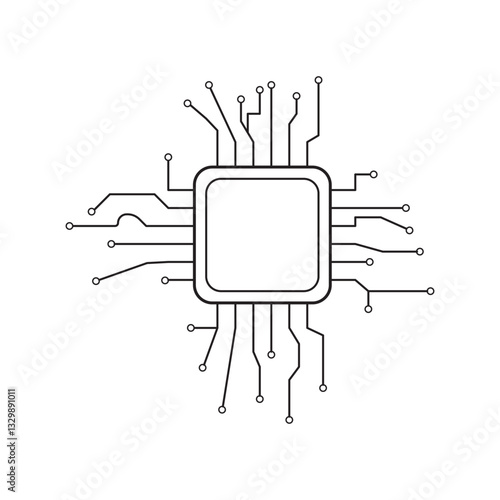 processor, electronic or cpu chip on a circuit board with conductive tracks. A set of line icons related to microprocessors. CPU, processors, memory, motherboard, multi processing system.