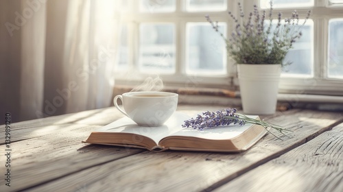 Warm Drink Open Book and Lavender Flowers on Rustic Wooden Table by Window