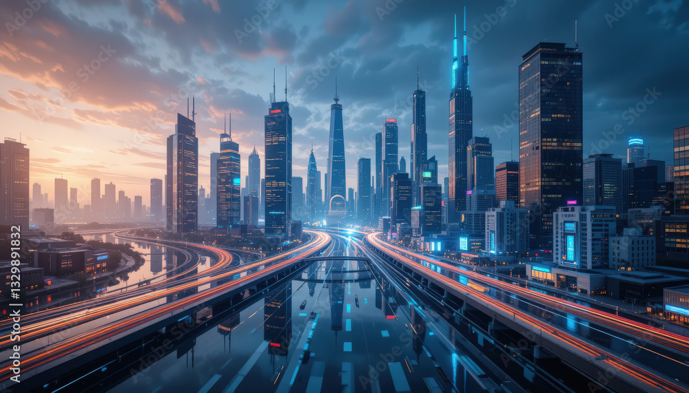 Fototapeta premium futuristic cityscape with illuminated skyscrapers and vibrant light trails on highways under dramatic evening sky