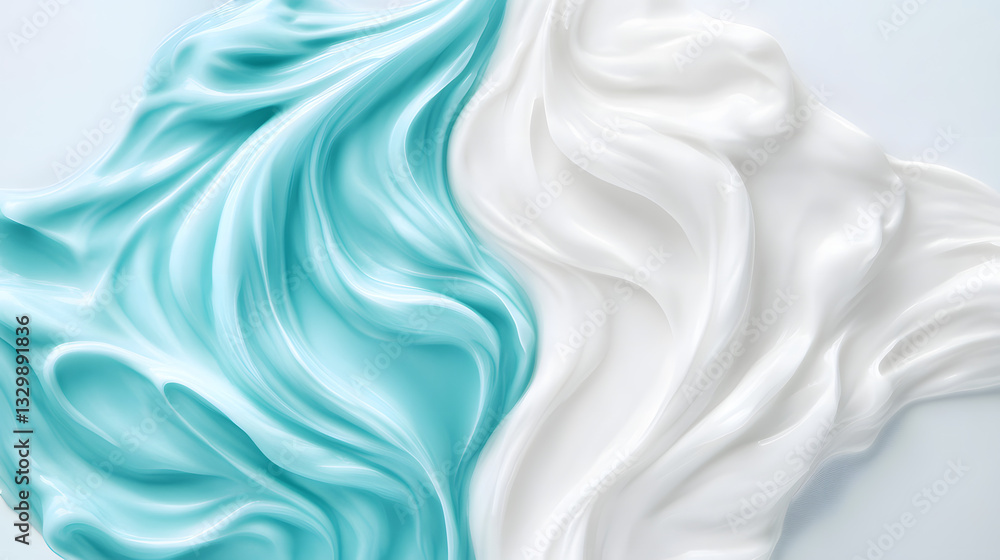 Fototapeta premium Paint and cream smear on a white background, light blue and white liquid for cosmetic and paint background