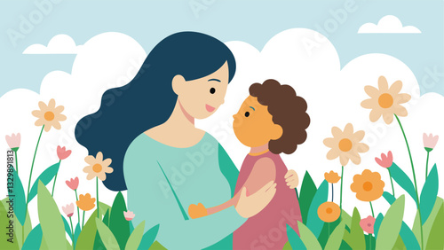 Wildflower Embrace: A Mother's Day Moment of Tenderness, Love, and Nature's Beauty. A heartwarming illustration capturing the essence of maternal affection in a vibrant natural    