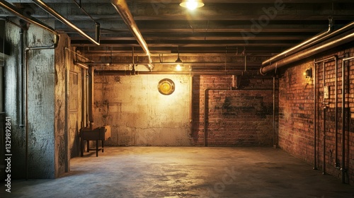 Wallpaper Mural A basement room with a low ceiling and exposed pipes, lit by industrial-style lights. Torontodigital.ca