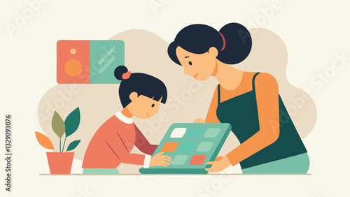 Happy Mother's Day! A heartwarming flat-color illustration of a loving mother and daughter bonding over creating a cherished digital scrapbook together. Perfect for Mother's Day   