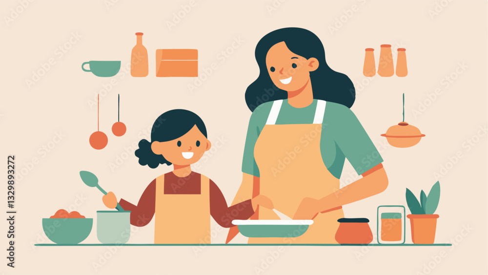 Fototapeta premium Happy Mother's Day! A heartwarming flat color illustration of a mother and daughter bonding over a fun and modern cooking class experience. Perfect for celebrating the special bond