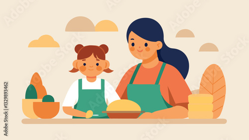 Mother's Day Baking: A heartwarming flat color illustration of a mother and daughter joyfully baking artisanal bread together in a cozy kitchen, celebrating the special bond       