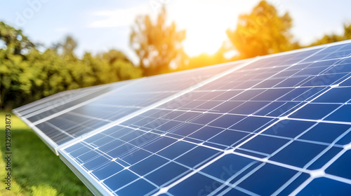Innovative solar panel installation in residential microgrid system under evening glow with surrounding homes and warm atmosphere.