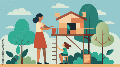 Mother's Day: Building Memories, A Stylish Treehouse Adventure. Happy mom and daughter collaborating on a whimsical treetop home, celebrating family bonds and creating lasting     