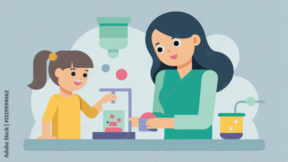 Happy Mother's Day: A Mom and Daughter's Joyful Science Experiment. Flat color illustration depicting a loving bond strengthened through shared creative exploration in the world of Happy Mother's Day: A Mom and Daughter's Joyful Science Experiment. Flat color illustration depicting a loving bond strengthened through shared creative exploration in the world of