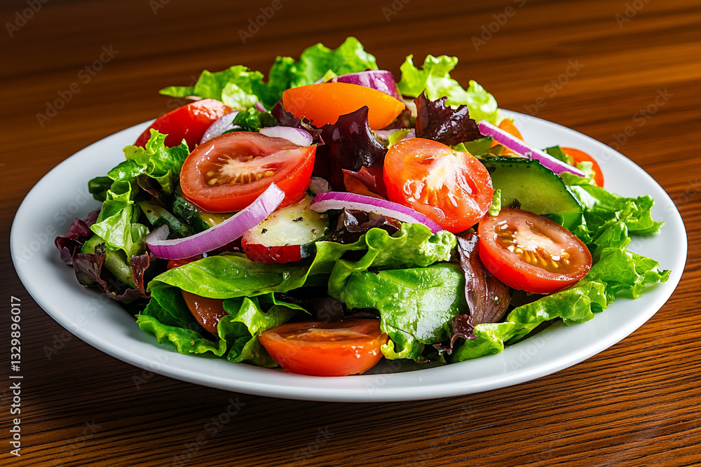 photo of a salad with lettuce, tomatoes, and red onion on a white plate, on a wooden ta photo of a salad with lettuce, tomatoes, and red onion on a white plate, on a wooden ta