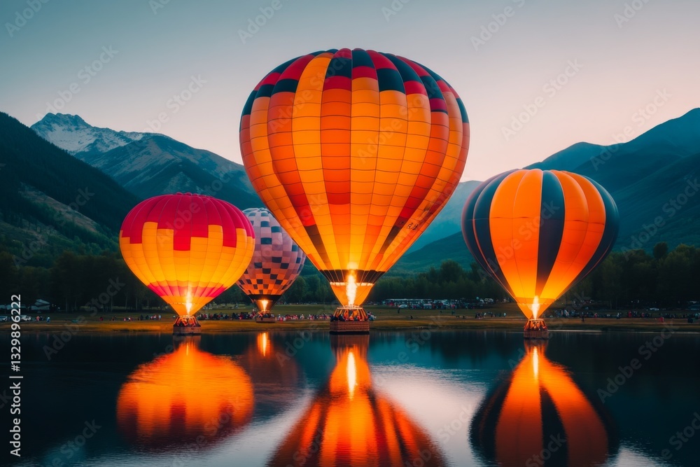 Obraz premium A vibrant aerial view of a colorful hot air balloon festival, with balloons of various shapes and sizes floating above a sprawling countryside