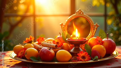 A beautiful Puthandu celebration at home, featuring a grand Vishu Kani setup with a brass plate filled with fresh mangoes, bananas, betel leaves, gold jewelry, a mirror, and a lit kuthu vilakku lamp
