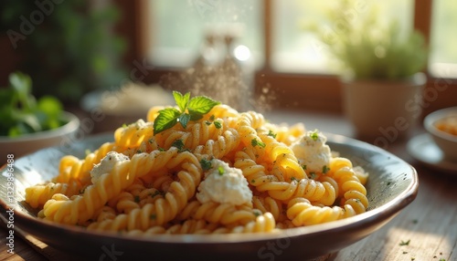 Wallpaper Mural Bowl of Delicious Pasta with Fresh Cheese and Herbs, Sprinkled with Parmesan on Wooden Table Torontodigital.ca