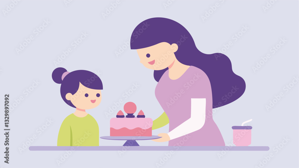 Sweet Mother's Day Baking: A heartwarming flat color illustration of a mother and daughter joyfully decorating a small cake together, creating a beautiful and lasting memory. Sweet Mother's Day Baking: A heartwarming flat color illustration of a mother and daughter joyfully decorating a small cake together, creating a beautiful and lasting memory.