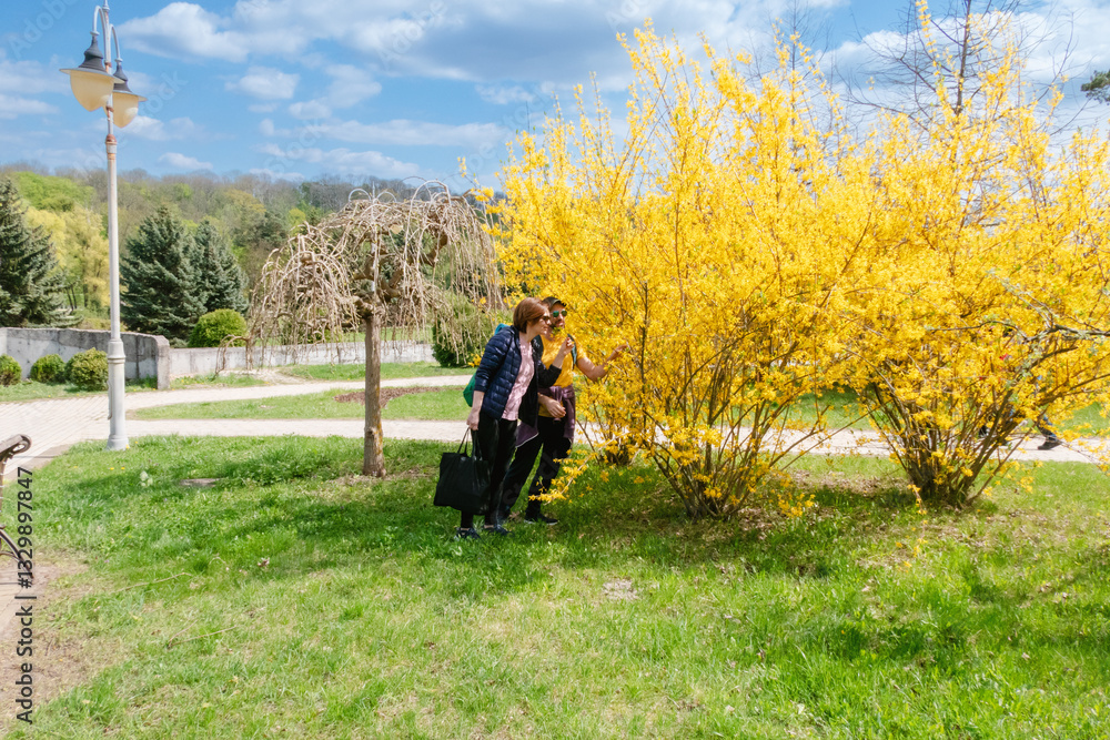 Two people near vibrant yellow blossoms in a park on a sunny day, ideal for spring, nature, and outdoor leisure themes. Two people near vibrant yellow blossoms in a park on a sunny day, ideal for spring, nature, and outdoor leisure themes.