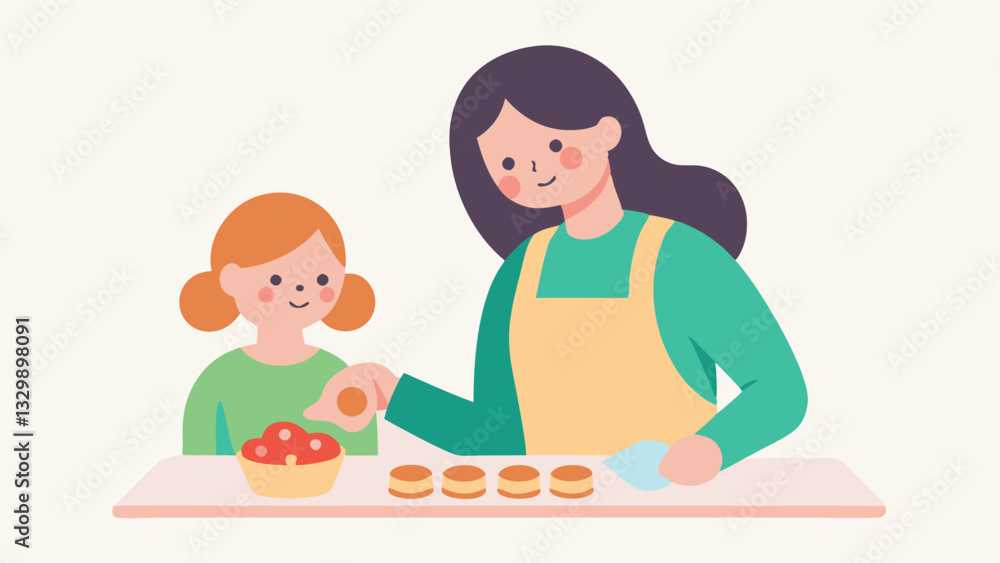 Mother's Day Joy: A heartwarming flat color illustration of a mother and daughter happily decorating cookies together, creating sweet memories and celebrating the special bond they Mother's Day Joy: A heartwarming flat color illustration of a mother and daughter happily decorating cookies together, creating sweet memories and celebrating the special bond they