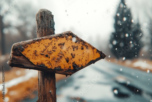 A weathered street sign partially eaten away by acid rain, with streaks of rust and discoloration blending into the dreary background