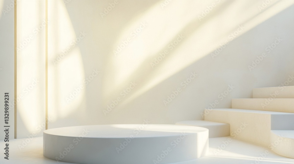 Fototapeta premium Minimalist White Platform Display With Soft Sunlight Shadows