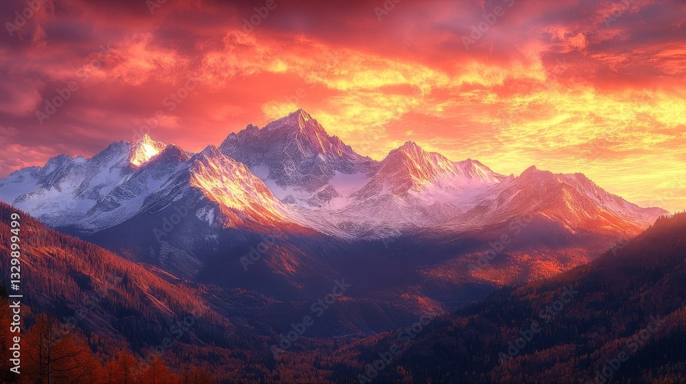 Fiery Sunset Over Snowcapped Mountains Fiery Sunset Over Snowcapped Mountains