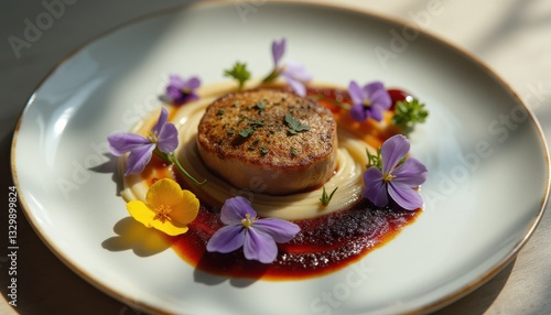 Fototapeta Naklejka Na Ścianę i Meble -  Exquisite gourmet plated dish with edible flowers and savory sauce on bright white dish, capturing culinary artistry and elegant p
