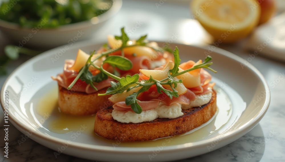 Prosciutto and Pear Bruschetta with Arugula on a White Plate with a Lemon in the Background Prosciutto and Pear Bruschetta with Arugula on a White Plate with a Lemon in the Background